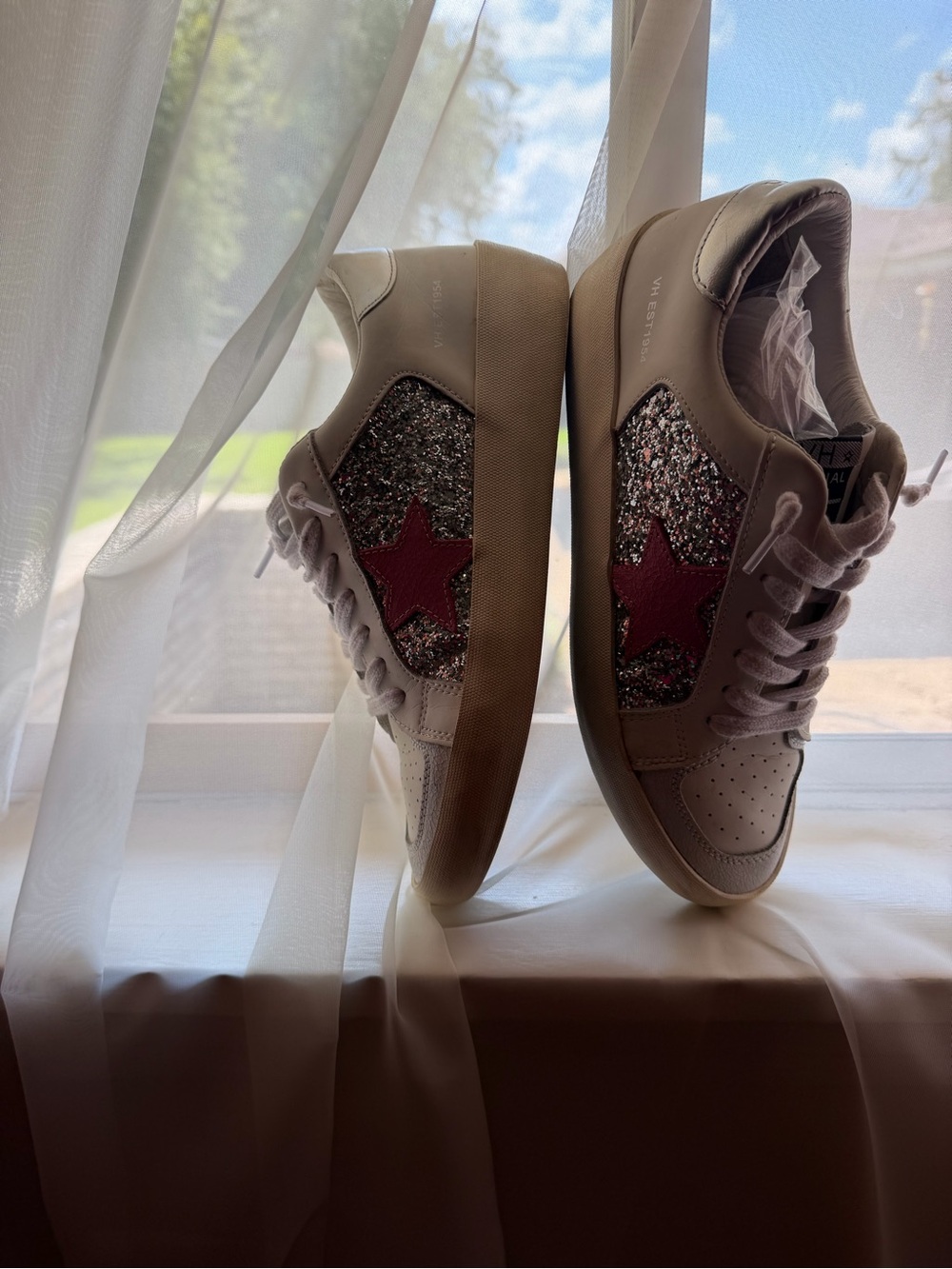 Women's White Vintage Havana Sneakers with Glitter Panel and Pink Star